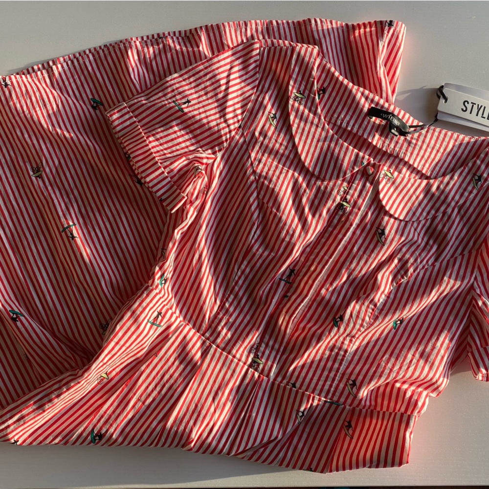 WiFing Womens Small Red Striped Collared Button Down Midi Dress